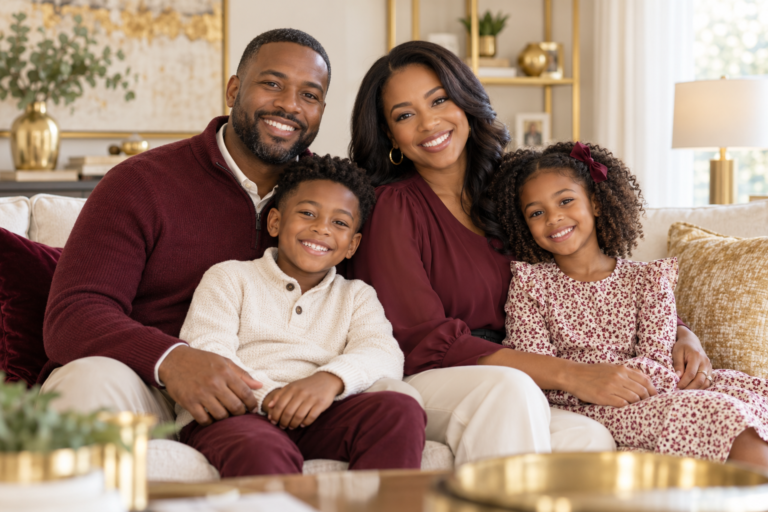 Illustrative family portrait in an ivory and gold living room